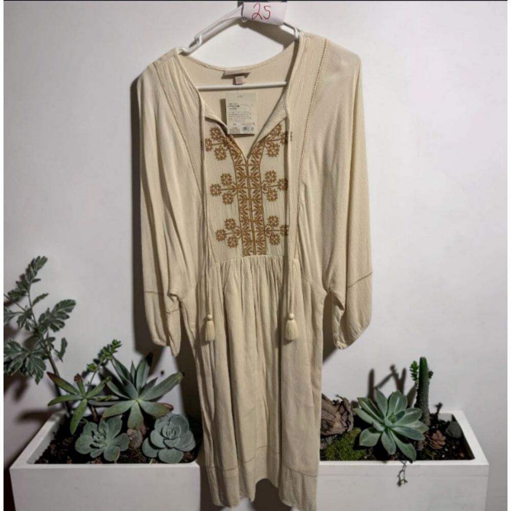 Knox Rose Cream Embroidered Peasant Dress with Tassel Tie